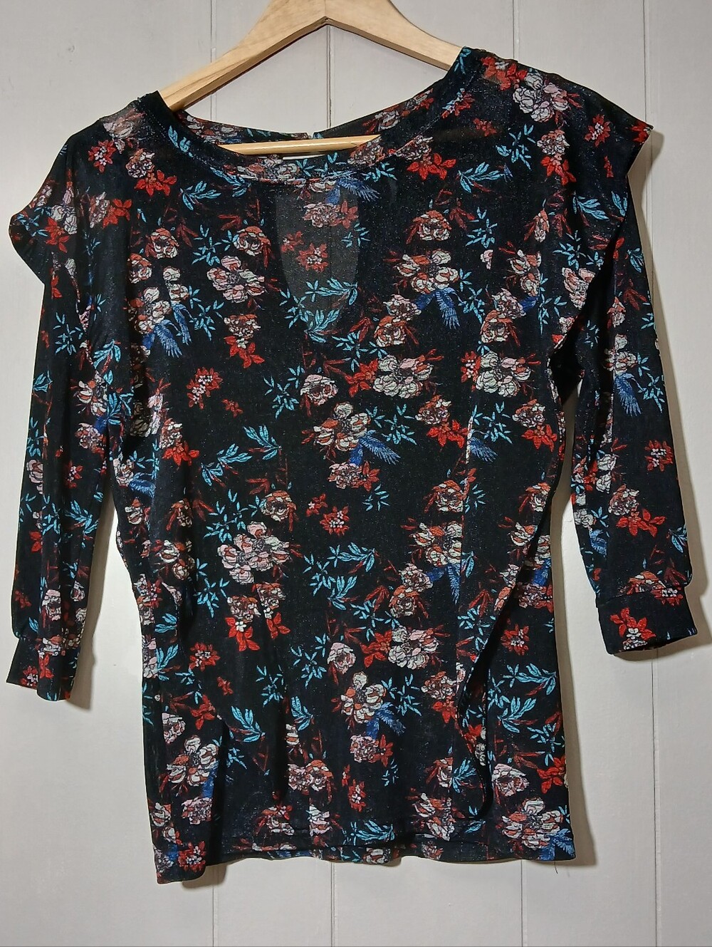 Free People Dock Street Top Black Floral Stretch Knit Ruffles Boho Dark Romance - Picture 3 of 7